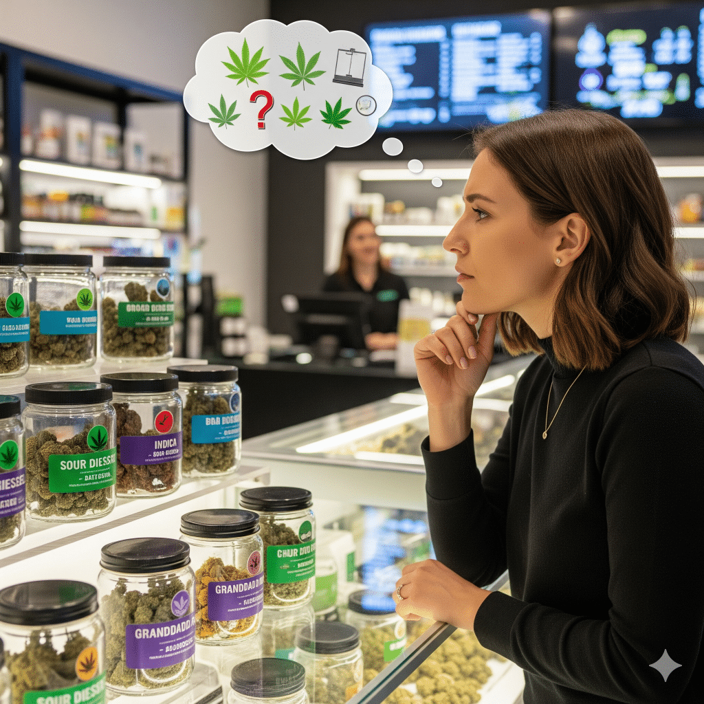 A customer at Mystic Cannabis in Michigan is deciding between CBD and THC products. 