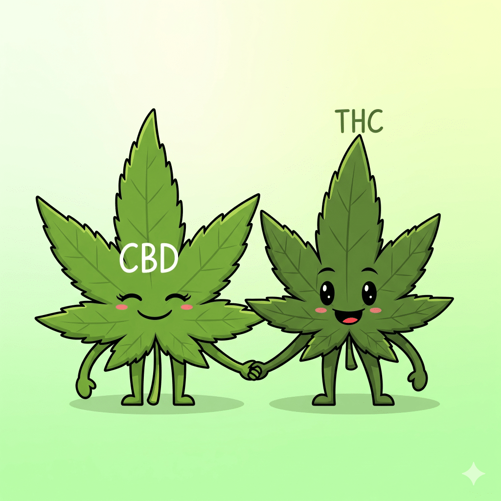A cartoon styled image showing CBD and THC cannabis flowers holding hands demonstrating the entourage effect. 