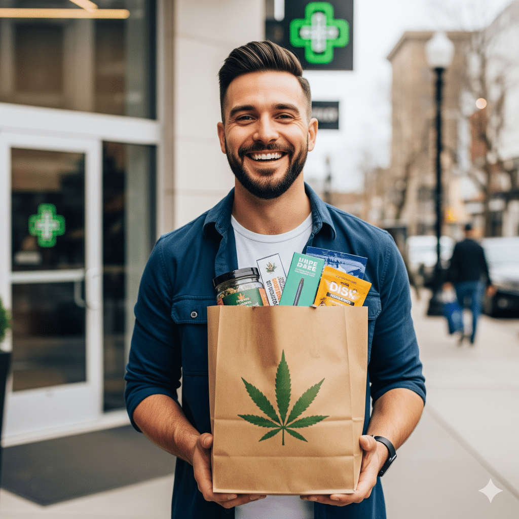 A young man with a large bag of cannabis products purchased at a recreational dispensary in Michigan