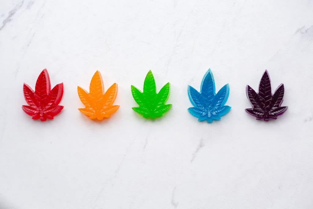Multicolored weed edible gummies shaped like cannabis leaves. 