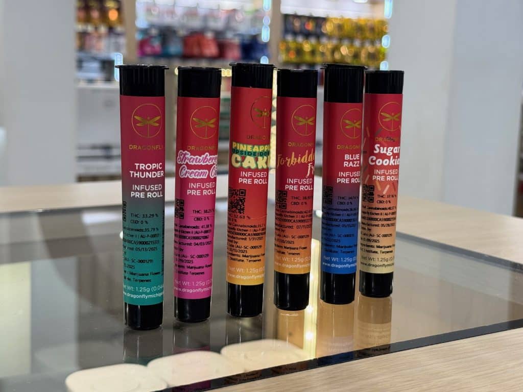 Dragonfly prerolls for sale at Mystic Cannabis, a recreational weed dispensary in Memphis, MI.