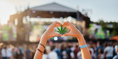 A woman holding her hands in the shape of a heart with a cannabis leaf in the center.