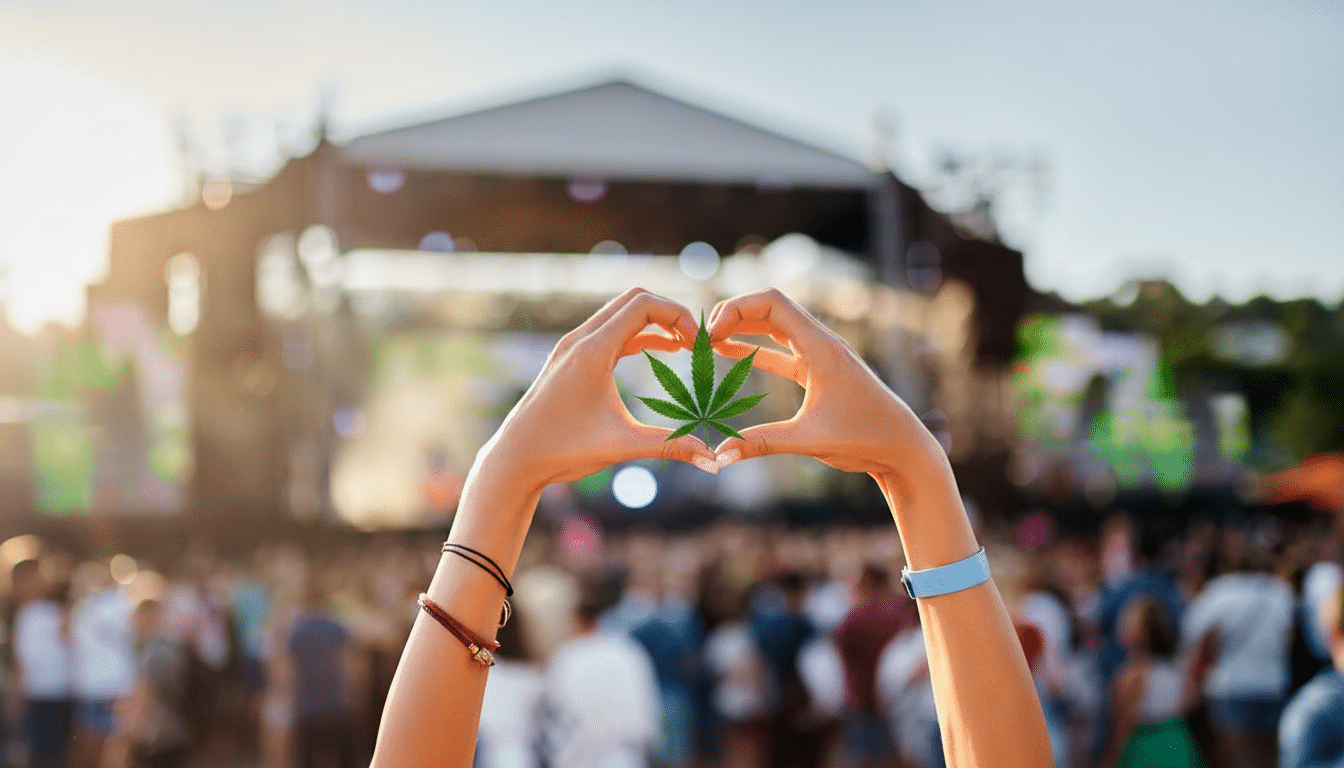 A woman holding her hands in the shape of a heart with a cannabis leaf in the center.