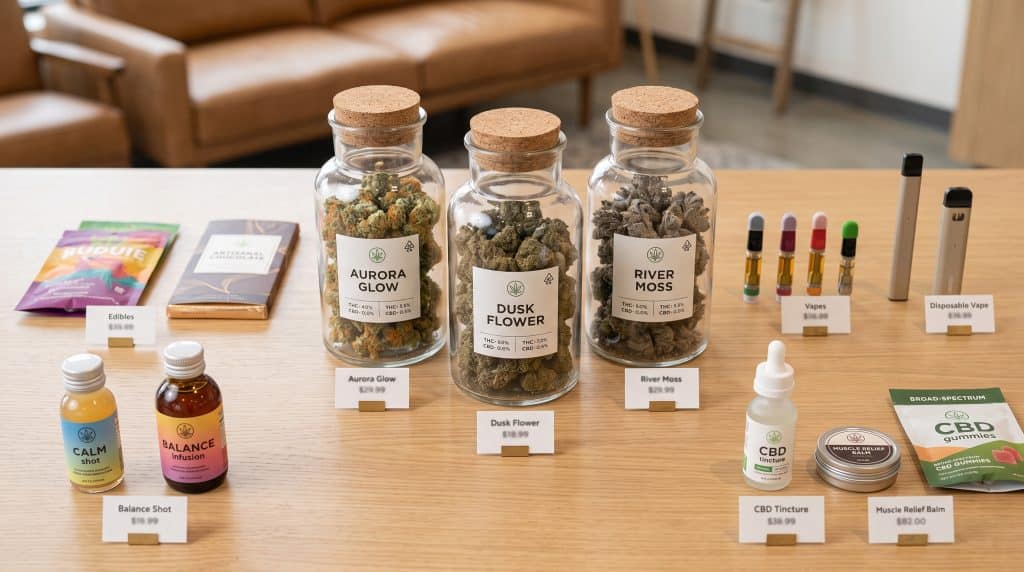 An assortment of cannabis products displayed at a dispensary in Michigan. 
