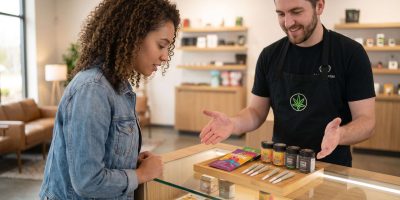 A woman browsing a selection of cannabis products at a Michigan dispensary.