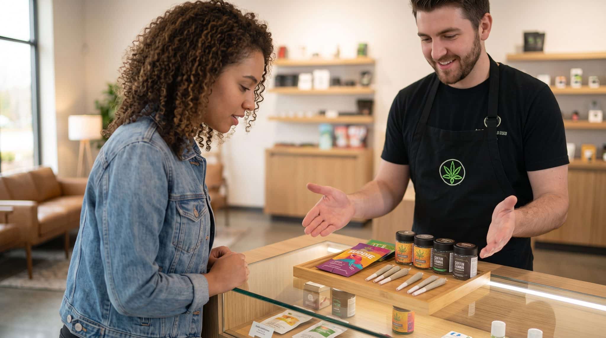 A woman browsing a selection of cannabis products at a Michigan dispensary.